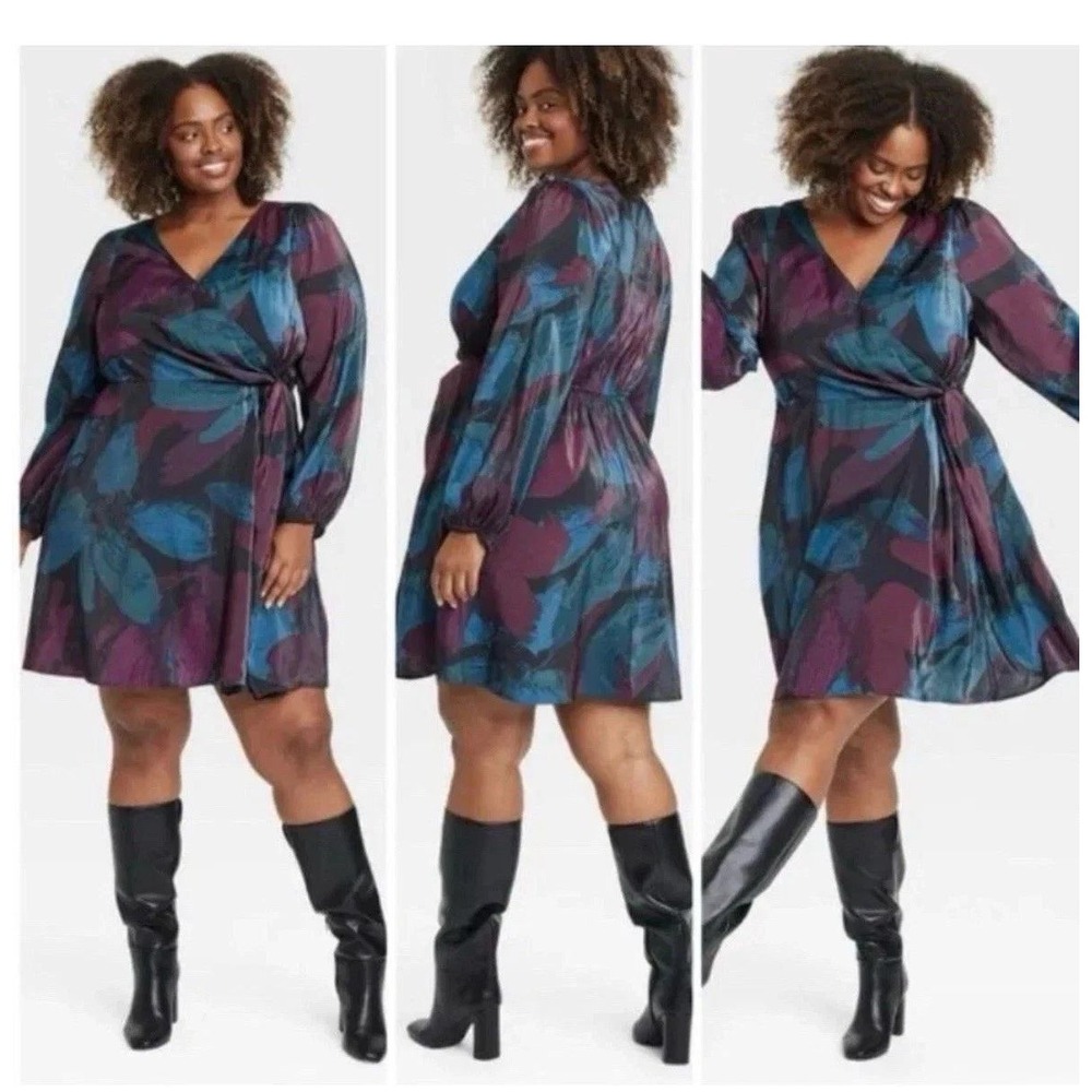 Ava & Viv Dark Floral Balloon Sleeve Wrap Dress Womens XXL Whimsigoth Party Glam
